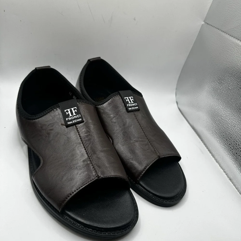 Fronci Flat Leather Sandals Cut‎ Outs Brown Leather Black Soles Euro Men's 43 12